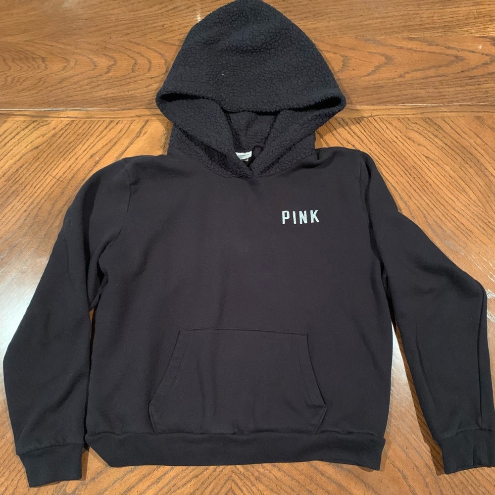PINK Black Sherpa Cropped Hoodie